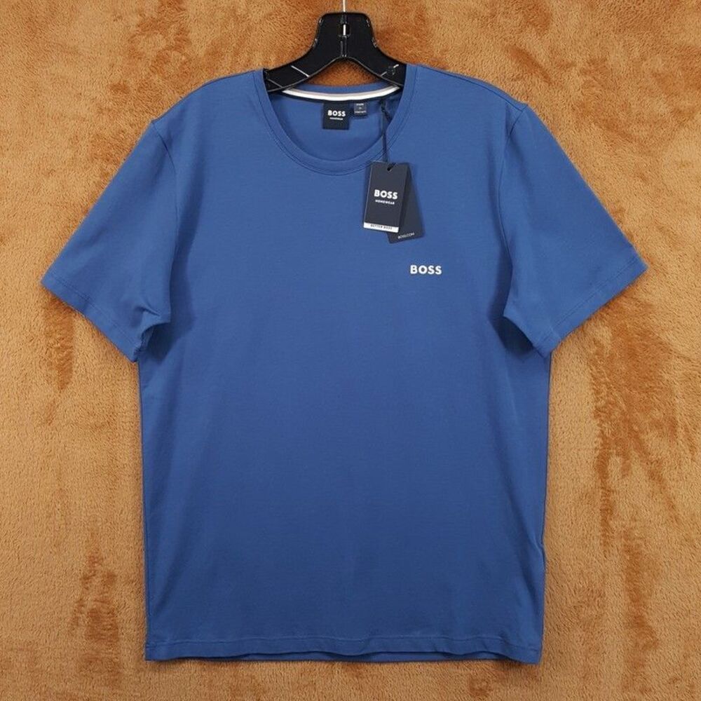 HUGO BOSS Shirt Mens Small Blue Pullover Crew Logo T-Shirt Cotton Blend Tee